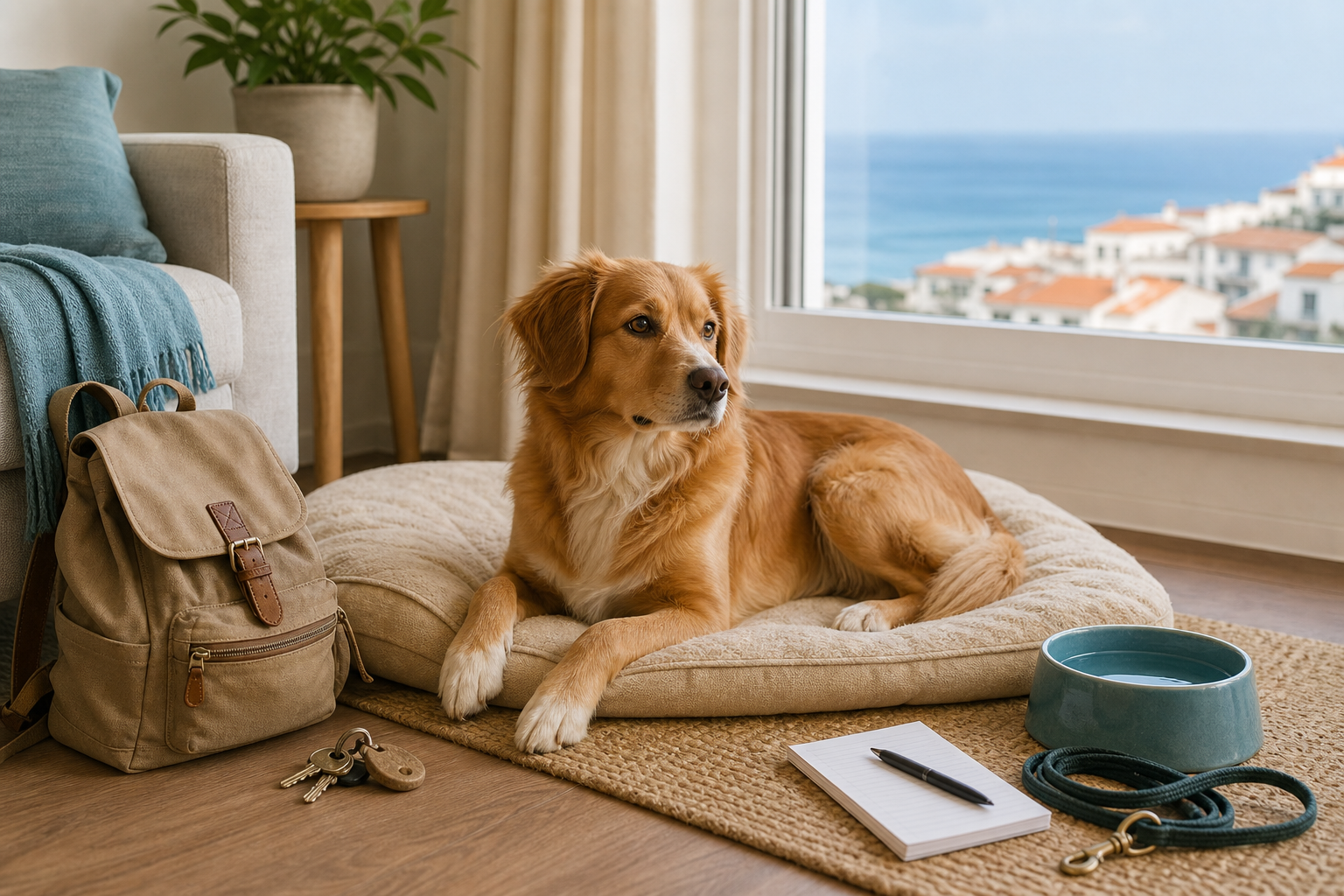 Relaxed dog in a bright Ericeira apartment with house keys, a backpack, a lead, and a care notebook